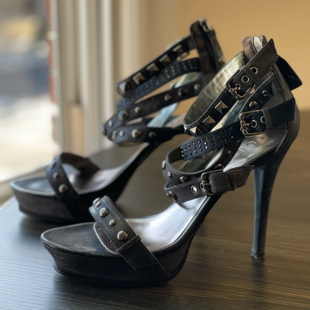Guess.  Black Multi Leather Sandals.